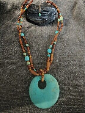 Turquoise and Brown Beaded Pendant Necklace - Boho Women Jewelry